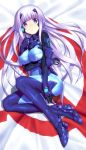  blue_eyes bodysuit breast_hold flag from_above inia_sestina long_hair lying muvluv muvluv_alternative muvluv_total_eclipse on_side purple_hair shiny shiny_clothes solo very_long_hair 