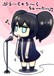  black_hair black_rock_shooter black_rock_shooter_(character) chibi hoodie microphone microphone_stand musical_note singing solo twintails 