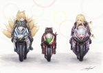  blonde_hair brown_eyes brown_hair cat_ears cat_tail chen colored_pencil_(medium) fox_ears fox_tail highres motor_vehicle motorcycle multiple_tails red_eyes rpracing tail touhou traditional_media vehicle yakumo_ran yakumo_yukari yellow_eyes 