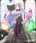  black_legwear black_thighhighs book crescent crescent_moon crystal gloves hat long_hair looking_at_viewer minazuki_randoseru oudanhodou patchouli_knowledge purple_eyes purple_hair robe sitting solo stained_glass striped sunbeam sunlight thigh-highs thighhighs touhou violet_eyes 