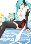  2010_fifa_world_cup aqua_eyes aqua_hair arm_support bad_id between_breasts bridal_gauntlets center_opening chibi dean detached_sleeves hachune_miku hatsune_miku hatsune_miku_(append) highres horn_(instrument) impossible_clothes long_hair miku_append navel necktie sitting skirt thigh-highs thighhighs twintails very_long_hair vocaloid vocaloid_append vuvuzela world_cup 