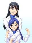  black_eyes black_hair blue_eyes blue_hair blush height_difference hug idolmaster imai_asami jiyuuyuu kisaragi_chihaya simple_background 