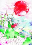  closed_eyes ex-keine flower full_moon highres horns jewelry kamishirasawa_keine lewis long_hair moon pointy_ears ribbon scroll silver_hair solo sword touhou traditional_media watercolor_(medium) weapon 