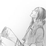  1girl closed_eyes jacket monochrome pants parker_(kattttt) parted_lips profile shingeki_no_kyojin short_hair side sitting solo ymir_(shingeki_no_kyojin) 