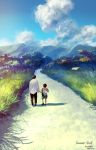  backpack bag child chinese cloud clouds grass highres mountain nature pants realistic road shadow shed shoulder_bag sky tree yelansu 
