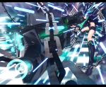  black_hair black_rock_shooter black_rock_shooter_(character) blue_eyes boots chain fingerless_gloves foreshortening gloves glowing glowing_eyes gun highres letterboxed long_hair midriff navel shorts solo twintails very_long_hair weapon zucchini zucchini_(artist) 