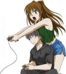  angry artist_request bare_shoulders black_eyes black_hair blush breasts brown_hair controller denim denim_shorts embarrassed green_eyes jpeg_artifacts long_hair open_mouth playing_games short_hair shorts sitting source_request sweat tank_top video_game 