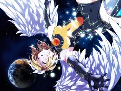  blonde_hair earth elbow_gloves floating gloves hair_ornament hair_ribbon hairclip headphones kagamine_rin ribbon short_hair solo space thigh-highs thighhighs venuspunk vocaloid wings 