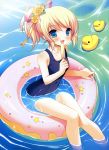  afloat blue_eyes blush doughnut flower hair_flower hair_ornament hair_ribbon highres innertube inugahora_an licking one-piece_swimsuit open_mouth ponytail popsicle ribbon rubber_duck school_swimsuit star swimsuit tongue water 