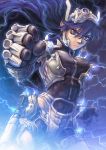  armor blue blue_hair clenched_hand electricity fist foreshortening long_hair original serious solo 