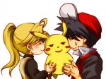  1boy 1girl black_hair blonde_hair blush blush_stickers closed_eyes hat indirect_kiss kiss pikachu pokemon pokemon_(creature) pokemon_special ponytail red_(pokemon) sweatdrop yellow_(pokemon) 