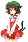  animal_ears blush bowtie brown_eyes brown_hair cat_ears cat_tail chen hands_together hat looking_back mikan_(ama_no_hakoniwa) multiple_tails short_hair simple_background skirt slit_pupils smile solo standing tail touhou v_arms 