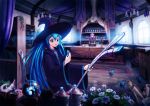  blue_hair book bookshelf butterfly chandelier counter flower hat hatsune_miku highres hirohito_(pi0421) long_hair megurine_luka necktie open_mouth pink_hair twintails very_long_hair vocaloid window witch_hat 