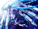  adapted_costume blue_eyes blue_hair boots broken_glass detached_sleeves error flying glass hatsune_miku long_hair necktie outstretched_hand skirt solo space thigh-highs thigh_boots thighhighs twintails very_long_hair vocaloid yuuki_kira 