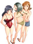  arm_hug ass bare_shoulders barefoot bikini black_hair breasts brown_eyes butt_crack casual_one-piece_swimsuit cleavage green_hair halter_top halterneck hands_on_hips legs long_hair minato_(leap-up) multiple_girls one-piece_swimsuit original red_eyes sandals short_hair shorts simple_background swimsuit tubetop 