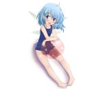  ahoge bad_id ball barefoot beachball blue_eyes blue_hair blush cirno crossed_arms feet katsuo9 one-piece_swimsuit school_swimsuit short_hair sitting smile solo swimsuit touhou transparent wings 