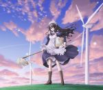  brown_eyes brown_hair cloud clouds eichikei_(hakuto) haku_to maid maid_headdress mop original solo wind_turbine windmill 