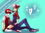  1girl arm_support bad_id baseball_cap black_hair brown_eyes brown_hair cabbie_hat chikorita couple cyndaquil girl_on_top hat hat_ribbon heart highres holding holding_poke_ball jeans kotone_(pokemon) lap male master_ball overalls pikachu poke_ball pokemon pokemon_(game) pokemon_gsc pokemon_heartgold_and_soulsilver popped_collar rahiko red_(pokemon) red_(pokemon)_(classic) red_eyes red_ribbon ribbon shadow shoes short_hair short_sleeves short_twintails sitting thigh-highs thighhighs totodile twintails vest 