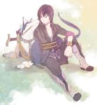 bad_id black_eyes black_hair bracelet chain dog gradient gradient_background green_background grin jewelry kiseru long_hair male nashicco pipe repede smile star starry_background tales_of_(series) tales_of_vesperia yellow_background yuri_lowell 