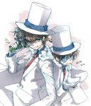  adjusting_hat bad_id bird blue_eyes brown_hair cape child detective_conan dove formal gloves grin gun hat kaito_kid male monocle multiple_boys smile suit top_hat toujou_sakana weapon 