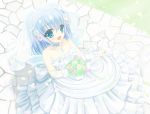  bare_shoulders blue_eyes blue_hair bouquet bridal_veil bride cirno dress flower hair_ornament shimotsuki_keisuke short_hair solo touhou veil wedding_dress wings 