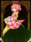  1girl apron bell book checkered hair_bell hair_ornament highres japanese_clothes looking_back motoori_kosuzu open_book open_mouth pink_hair smile touhou twintails violet_eyes wide_sleeves yoiyami_yayoi 