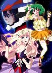  blonde_hair blue_eyes breasts brown_eyes cleavage dress earrings gen_(enji) green_hair hand_on_chest hand_on_own_chest helmet jewelry long_hair macross macross_frontier microphone navel open_mouth orange_dress pilot ranka_lee red_eyes saotome_alto sheryl_nome short_hair single_earring smile thigh-highs thighhighs 