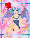  bad_id barefoot bat_wings blonde_hair feet hat marker_(medium) one-piece_swimsuit red_eyes remilia_scarlet sample school_swimsuit short_hair solo swimsuit touhou traditional_media wings 