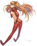  ayaki blue_eyes bodysuit brown_hair butt_crack evangelion:_2.0_you_can_(not)_advance hand_on_hip long_hair looking_back neon_genesis_evangelion plugsuit profile rebuild_of_evangelion shikinami_asuka_langley signature simple_background solo souryuu_asuka_langley test_plugsuit 