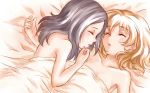  2girls bare_shoulders blanket closed_eyes fresh_precure! higashi_setsuna momozono_love multiple_girls naked_sheet nude precure sleeping unou_(u.s.o.) yuri 