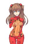  bodysuit brown_hair evangelion:_2.0_you_can_(not)_advance hand_on_thigh highres long_hair neon_genesis_evangelion plugsuit rebuild_of_evangelion ryusuke1234 shikinami_asuka_langley simple_background solo souryuu_asuka_langley test_plugsuit 