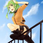  1girl booota boots goggles goggles_on_head green_eyes green_hair gumi highres short_hair shorts smile solo vocaloid 