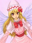  blonde_hair bow capelet fairy hat lily_white long_hair red_eyes sash touhou u-cha-py wings 