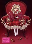  blonde_hair blue_eyes carnelian chair dress feet flower gothic_lolita hair_ribbon highres lace lolita_fashion long_hair mary_janes pantyhose petals red red_dress red_shoes ribbon rose rose_petals shoes shoes_removed solo stuffed_animal stuffed_toy teddy_bear very_long_hair white_legwear 