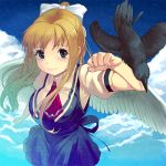  bad_id bird blonde_hair blue_eyes crow foreshortening kamio_misuzu long_hair perspective ponytail school_uniform sora_(air) u-ichi wings 