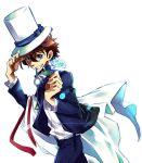  blue_eyes brown_hair detective_conan flower formal hat hat_tip kuroba_kaitou male monocle necktie rose school_uniform smile solo suit toujou_sakana white_rose 