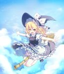  between_legs blonde_hair bloomers bow braid broom broom_riding enone flying frills gathers hair_bow hat highres kirisame_marisa long_hair open_mouth outstretched_arms side_braid smile solo spread_arms touhou witch_hat yellow_eyes 