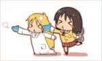  &gt;_&lt; 2girls black_hair blonde_hair blush_stickers hand_puppet labcoat long_hair lowres masha multiple_girls nichijou oversized_clothes professor_shinonome puppet school_uniform shark shinonome_nano short_hair skirt winding_key 