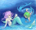  arm_support green_hair mermaid momopanda monster_girl multiple_girls ocean oekaki pearl pink_hair pointy_ears topless turtle water 