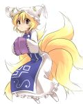  blonde_hair dress floating fox_tail hands_in_sleeves hat mikan_(ama_no_hakoniwa) multiple_tails orange_eyes short_hair simple_background solo stare tail touhou yakumo_ran 