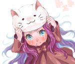  :3 acha animal_ears animal_hat aqua_eyes arms_up blush bow cat_hat cathat dress from_above hat holding long_hair megurine_luka megurine_luka_(toeto) oekaki pout puffy_cheeks purple_hair simple_background solo tears toeto_(vocaloid) vocaloid 