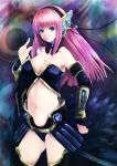  bad_id blue_eyes breasts cleavage detached_sleeves headphones megurine_luka midriff mizutuki navel pink_hair smile solo thighhighs vocaloid 