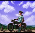  adapted_costume backpack bad_id bag blue_eyes blue_hair cloud clouds contemporary gloves hat highres jizou kawashiro_nitori kurione_(pixiv) kurione_(zassou) machine motor_vehicle motorcycle short_hair sky sleeves_rolled_up solo touhou twintails vehicle 