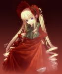  blue_eyes bonnet clothes_grab curtsey doll dress expressionless hat lolita_fashion long_hair red red_dress ribbon rozen_maiden shinku signature simple_background solo taka_tony twintails very_long_hair 