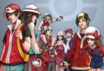  alternate_headwear back-to-back bag bandana baseball_cap beret blue_(pokemon) carrying everyone gold_(pokemon) gold_(pokemon)_(remake) haruka_(pokemon) haruka_(pokemon)_(remake) hat hikari_(pokemon) hikari_(pokemon)_(remake) holding holding_poke_ball kotone_(pokemon) kouki_(pokemon) kouki_(pokemon)_(remake) kuroi-tsuki leaf_(pokemon) overalls poke_ball pokemon pokemon_(game) pokemon_dppt pokemon_gsc pokemon_rgby pokemon_rse red_(pokemon) red_(pokemon)_(remake) scarf shoulder_carry yuuki_(pokemon) yuuki_(pokemon)_(remake) 