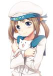  1girl animal_hug blue_eyes brown_hair cat error_musume hair_ribbon hat hug kantai_collection ribbon smile yatsu_(sasuraino) 