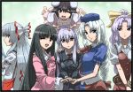  :&lt; :d animal_ears bangs black_hair blazer blue_eyes blunt_bangs border bow braid bunny_ears ear_grab everyone fujiwara_no_mokou hair_bow hand_on_shoulder hat hime_cut holding_hands houraisan_kaguya i-_-i_(artist) inaba_tewi kamishirasawa_keine lavender_hair long_hair looking_at_viewer looking_back multiple_girls nurse_cap open_mouth rabbit_ears red_eyes reisen_udongein_inaba silver_hair single_braid smile touhou v_arms very_long_hair watatsuki_no_yorihime wink yagokoro_eirin yellow_eyes 