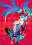  absurdres bare_shoulders barefoot detached_sleeves hatsune_miku hatsune_miku_(append) highres long_hair miku_append multicolored_eyes multicolored_hair navel simple_background smile solo utu_(artist) vocaloid vocaloid_append 