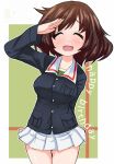  1girl akiyama_yukari blush brown_hair girls_und_panzer happy_birthday inaka_keikou salute short_hair skirt smile uniform 