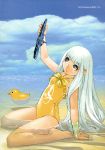  1girl absurdres aoki_hagane_no_arpeggio barefoot clouds frilled_swimsuit frills highres iona long_hair ocean official_art one-piece_swimsuit rubber_duck scan ship silver_hair sky solo swimsuit 